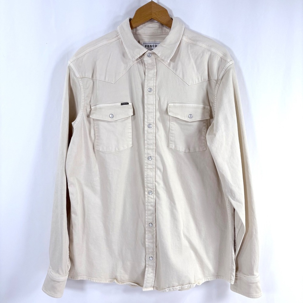 Poncho Western Snap Shirt Cream Twill Pearl Snap Long Sleeve XL Mens Slim Fit